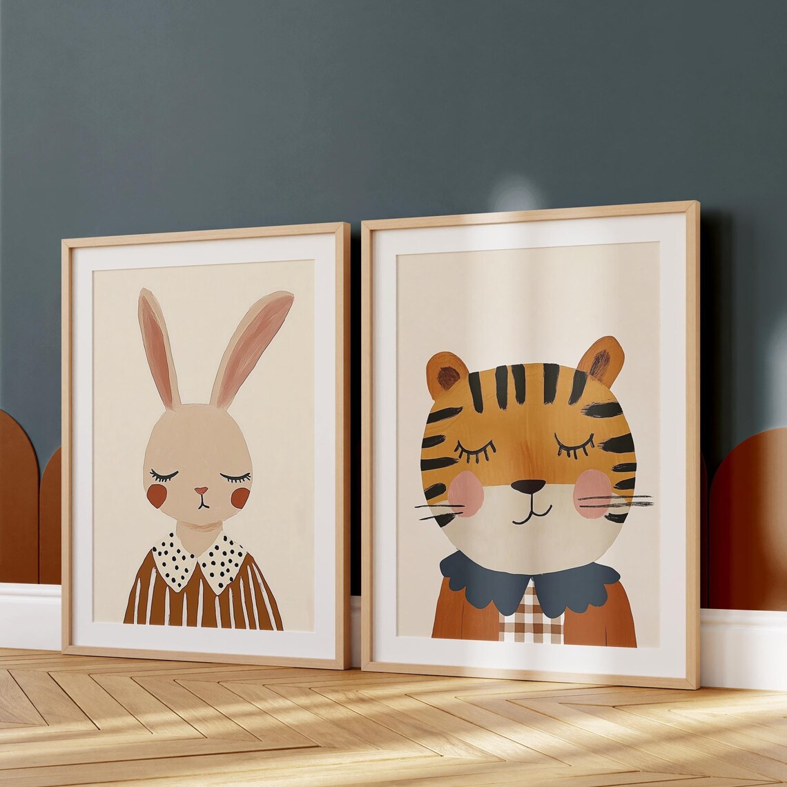 Sleepy Bunny and Tiger Best Friends Nursery Wall Art Set for Kids