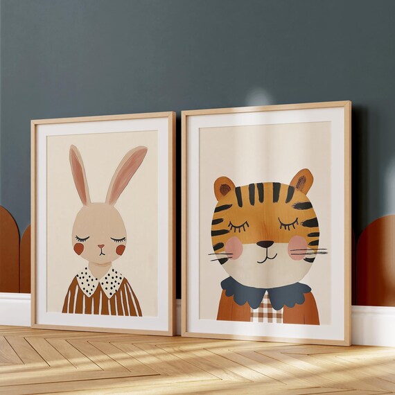 Sleepy Bunny and Tiger Best Friends Nursery Wall Art Set for Kids
