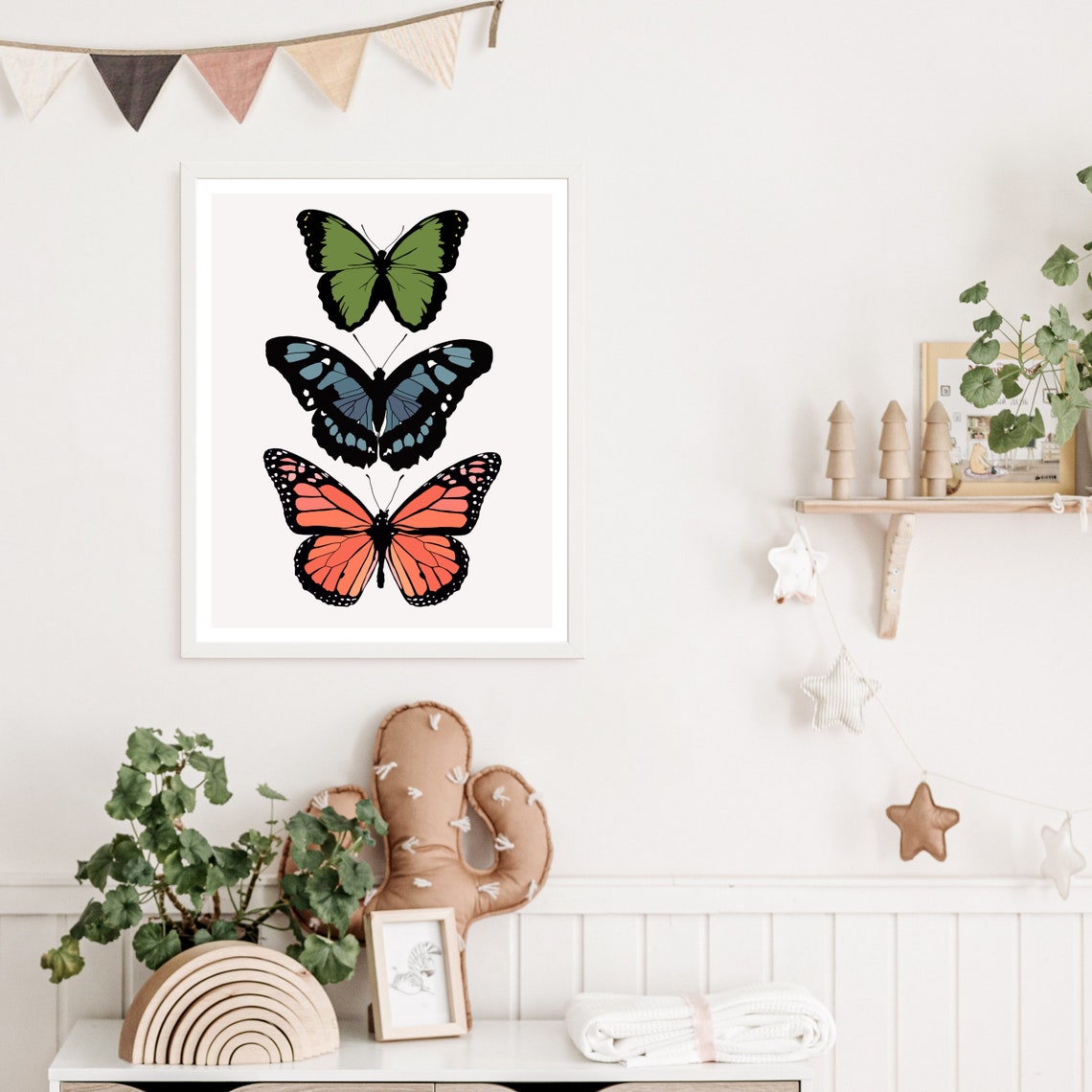 Boho Butterflies Trio Green Blue Monarch Nature Insect Art Poster - Image 2