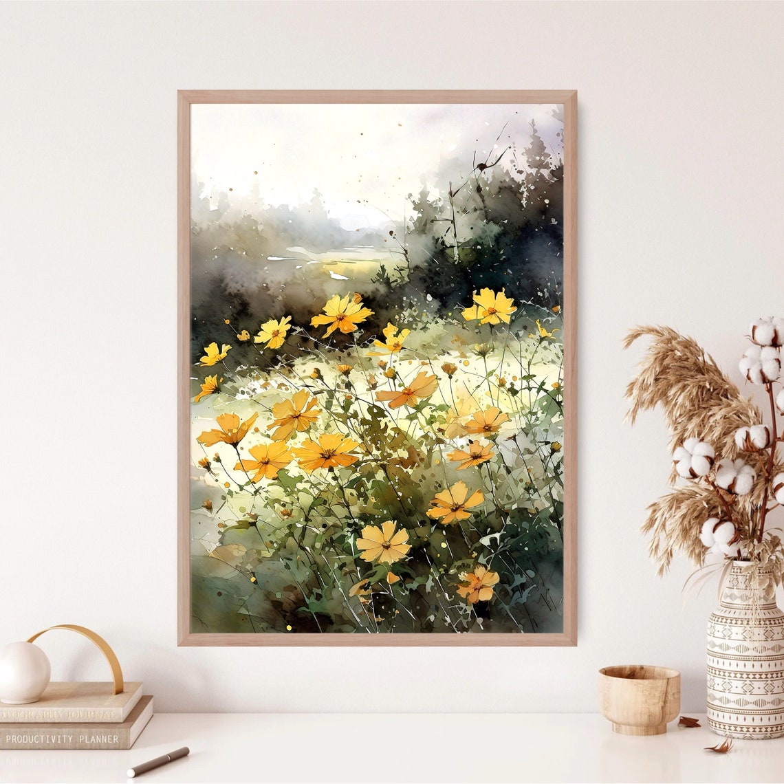 Yellow Cosmos Wildflowers Watercolor Meadow with Soft Light Poster - Image 3