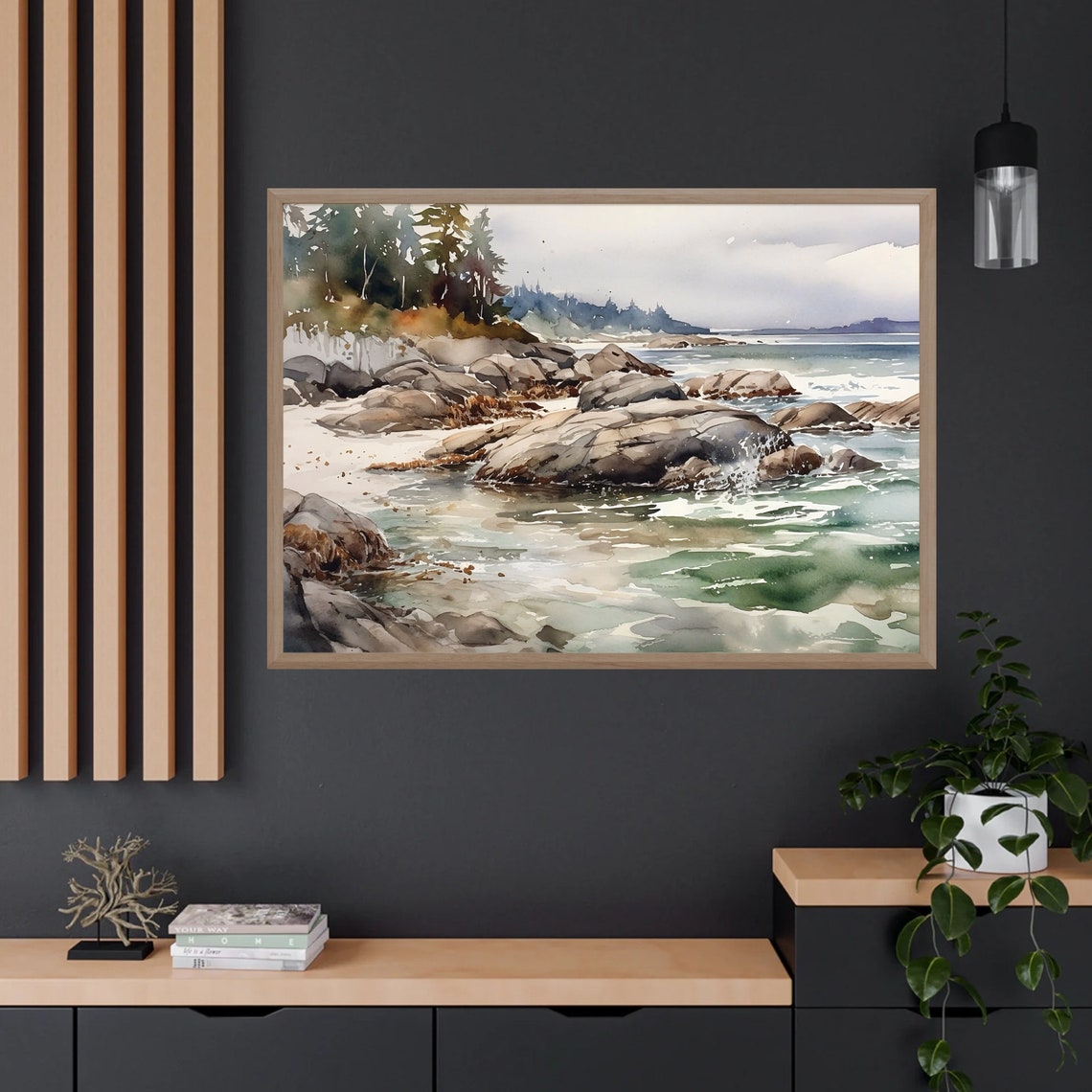 Rocky Shore Waves Crashing on a Pine Coast Watercolor Poster - Image 4