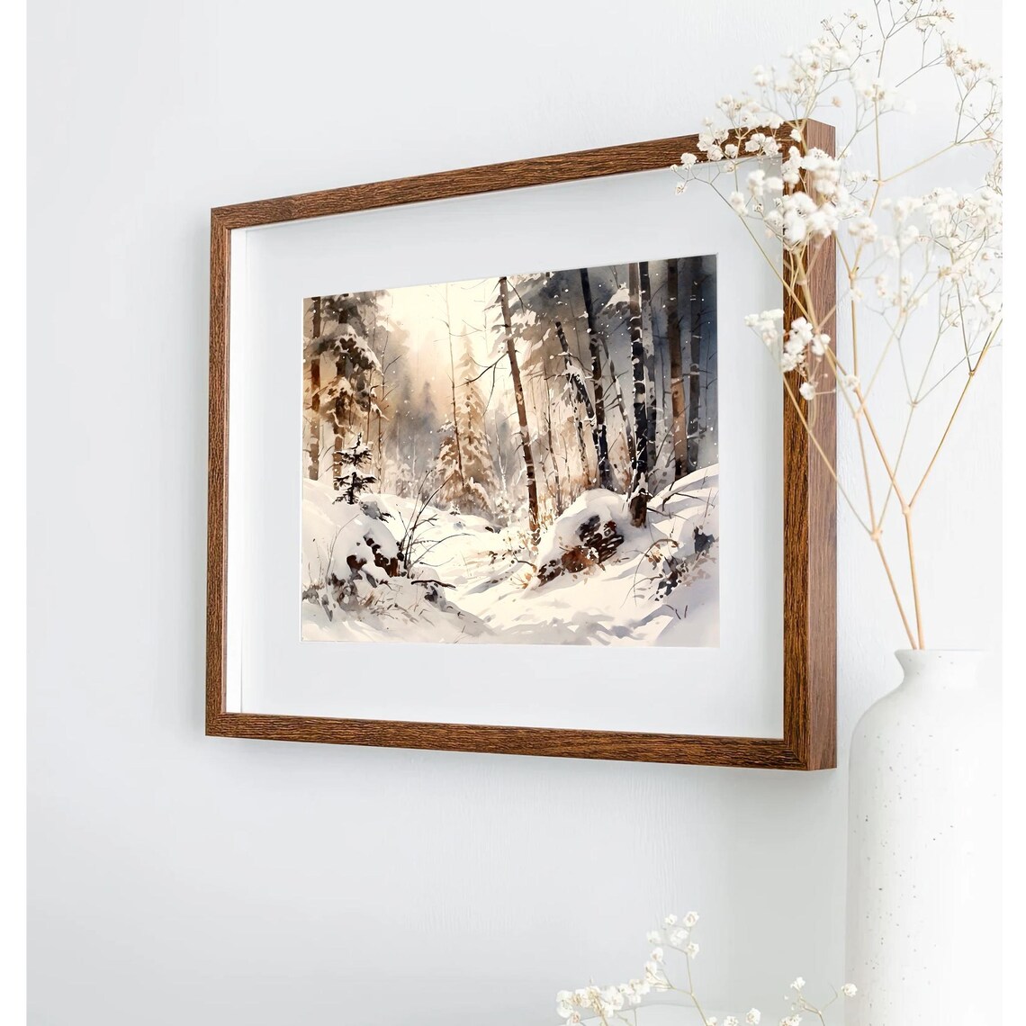 Sunlit Snowy Birch Pine Forest Winter Glow Watercolor Woodland Poster - Image 4