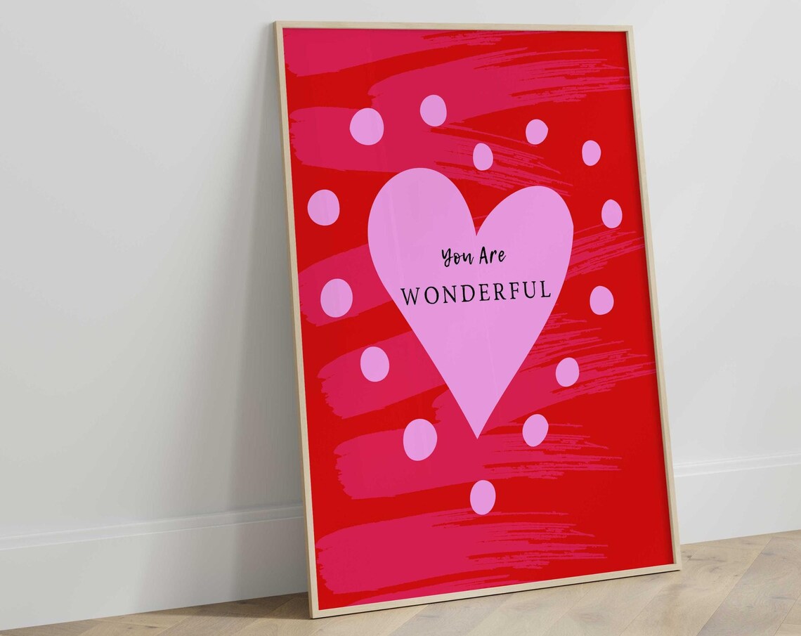 You Are Wonderful Pink Heart Quote Red Valentine Day Wall Art