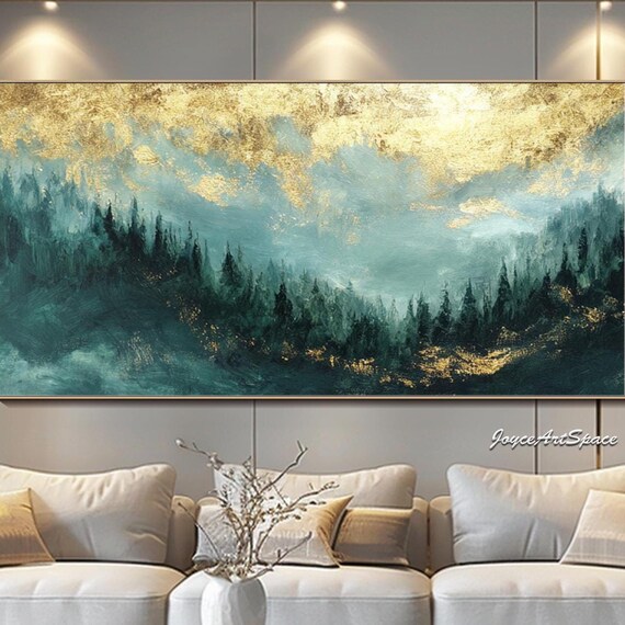 Abstract Forest Wall Art Green Golden Oil Painting On Sunset Wall Art Modern Nature Artwork Green Tree Wall Decor Livingroom Wall Art