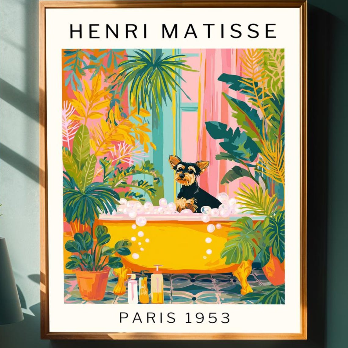 Henri Matisse Style Yorkshire Terrier Bubble Bath Tropical Poster