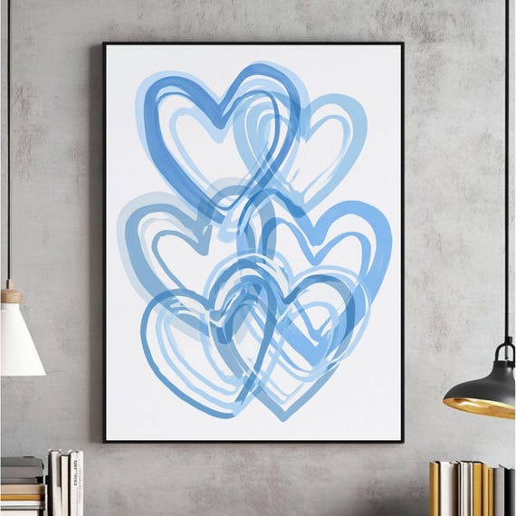 Blue Preppy Hearts Wall Art Trendy Poster Girly Dorm Room Decor Apartment Print Abstract