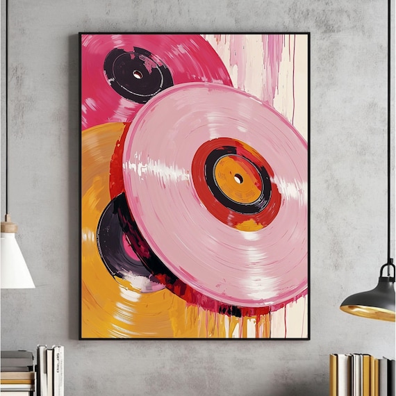 Pink Orange Vinyl Records Retro Music Pop Art Trendy Decor Poster