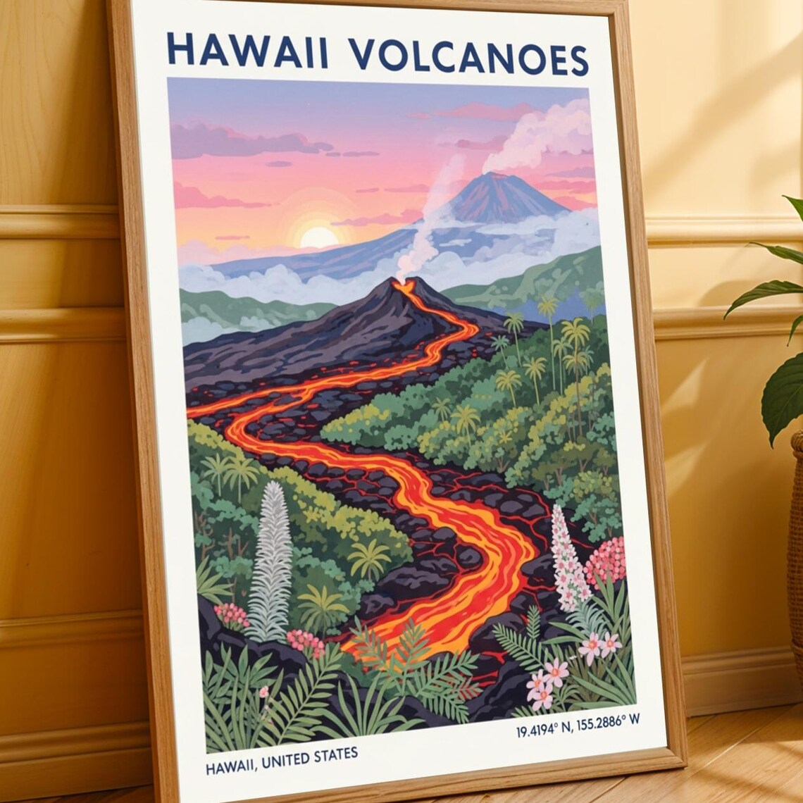 Hawaii Volcanoes Lava Flow Tropical Landscape Sunset Travel Poster