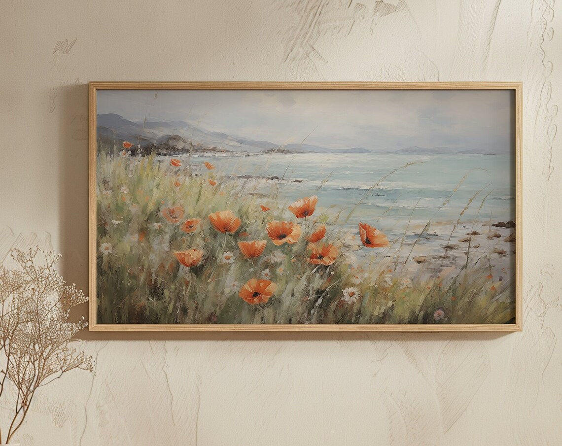Soft Orange Poppies By The Sea Coastal Wildflower Meadow Poster
