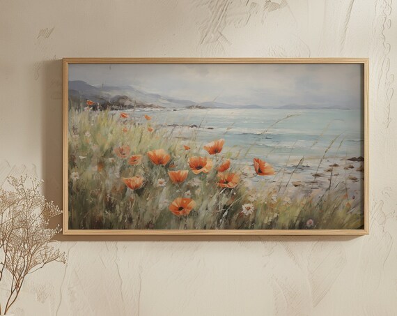 Soft Orange Poppies By The Sea Coastal Wildflower Meadow Poster