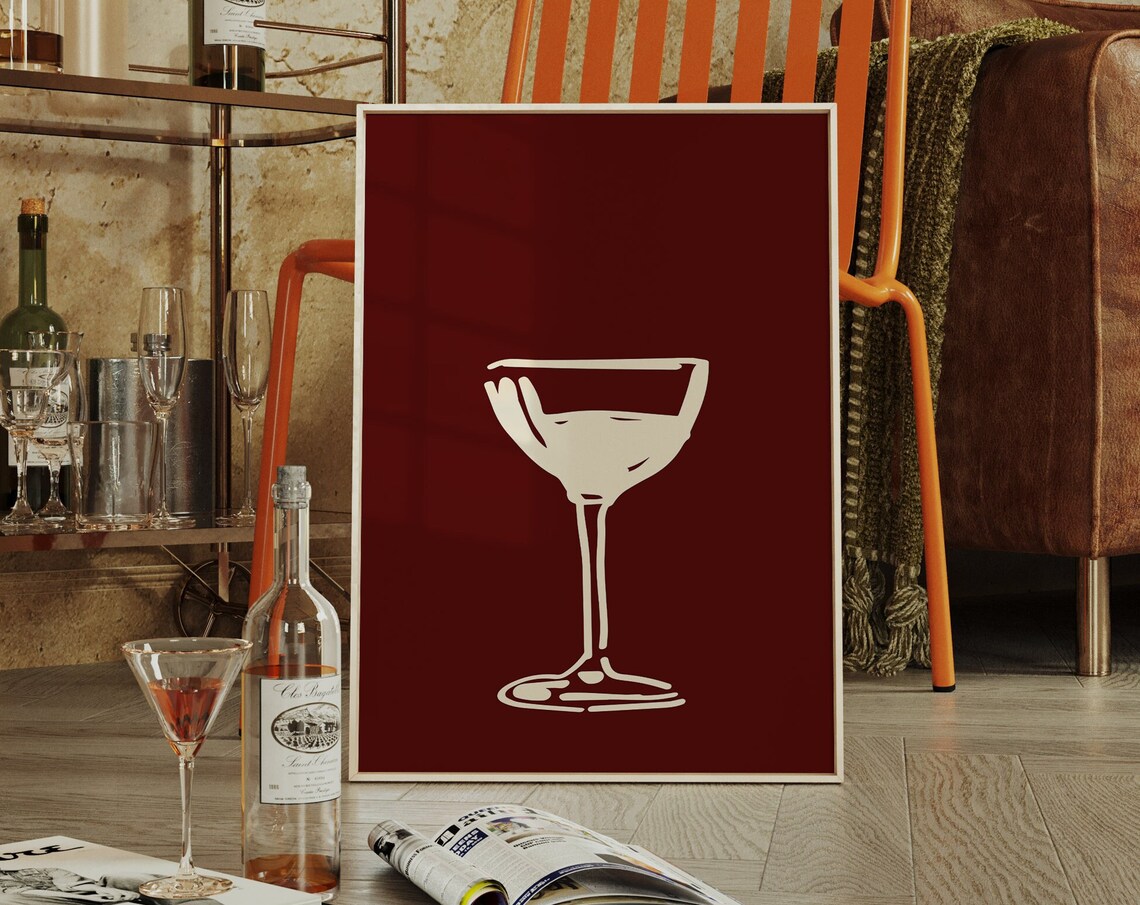 Burgundy Coupe Cocktail Glass Minimalist Line Art Bar Cart Poster