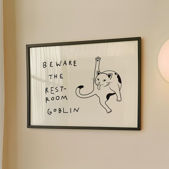 Funny Cat Bathroom Print Beware The Restroom Goblin Digital Download Horizontal