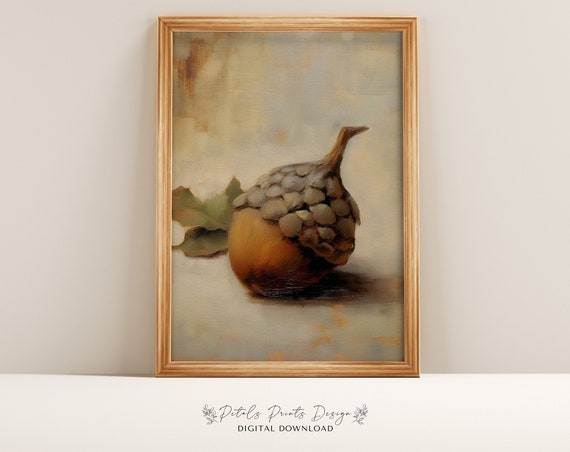 Acorn Still Life Painting, Vintage Autumn Art Print