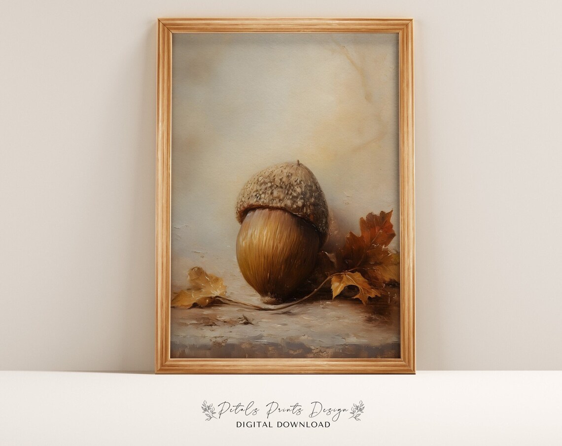 Acorn Resting Beside Oak Leaves in Soft Blue Gray Still Life Poster