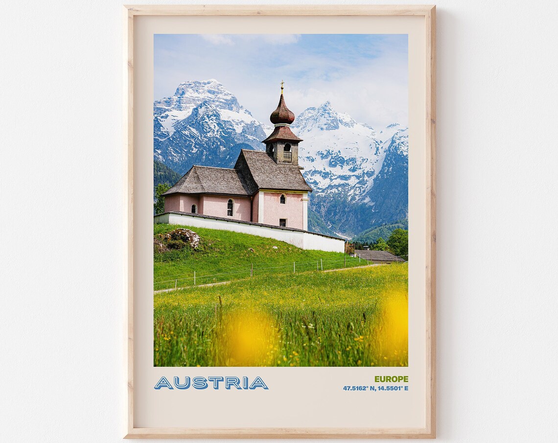 Austria Europe Alpine Church With Snowy Mountain View Poster