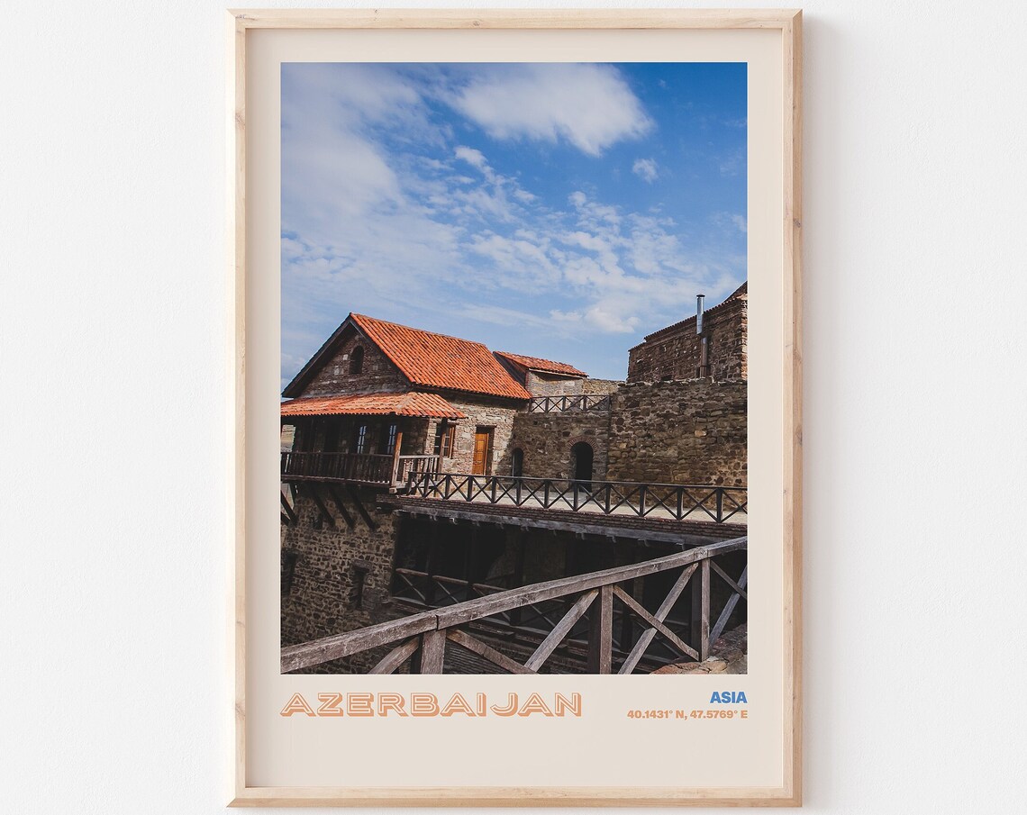 Azerbaijan Asia Old Stone Fortress Wooden Bridge Travel Poster