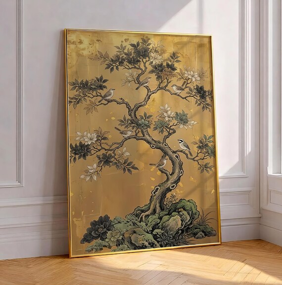 Gold Tree Of Life Art Print, Japanese Leaf Painting