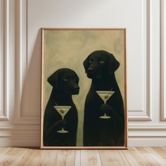 Moody Black Labradors Martini Wall Art Retro Gothic Pet Poster Minimalist Cocktail Print Dog Painting Man Cave Bar Cart Decor