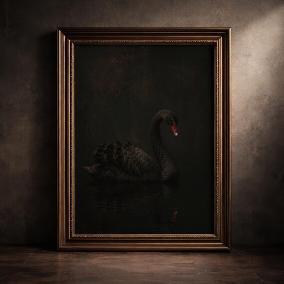 Moody Black Swan Art Print Dark Vintage Gothic Bird Painting Victorian Nature Poster Minimalist Antique Wildlife Decor Digital Download