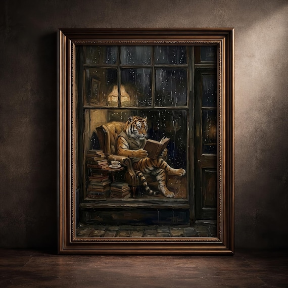 Moody Dark Academia Tiger Art Whimsical Reading Nook Print Vintage Maximalist Library Decor Cozy Rainy Book Poster Digital Download