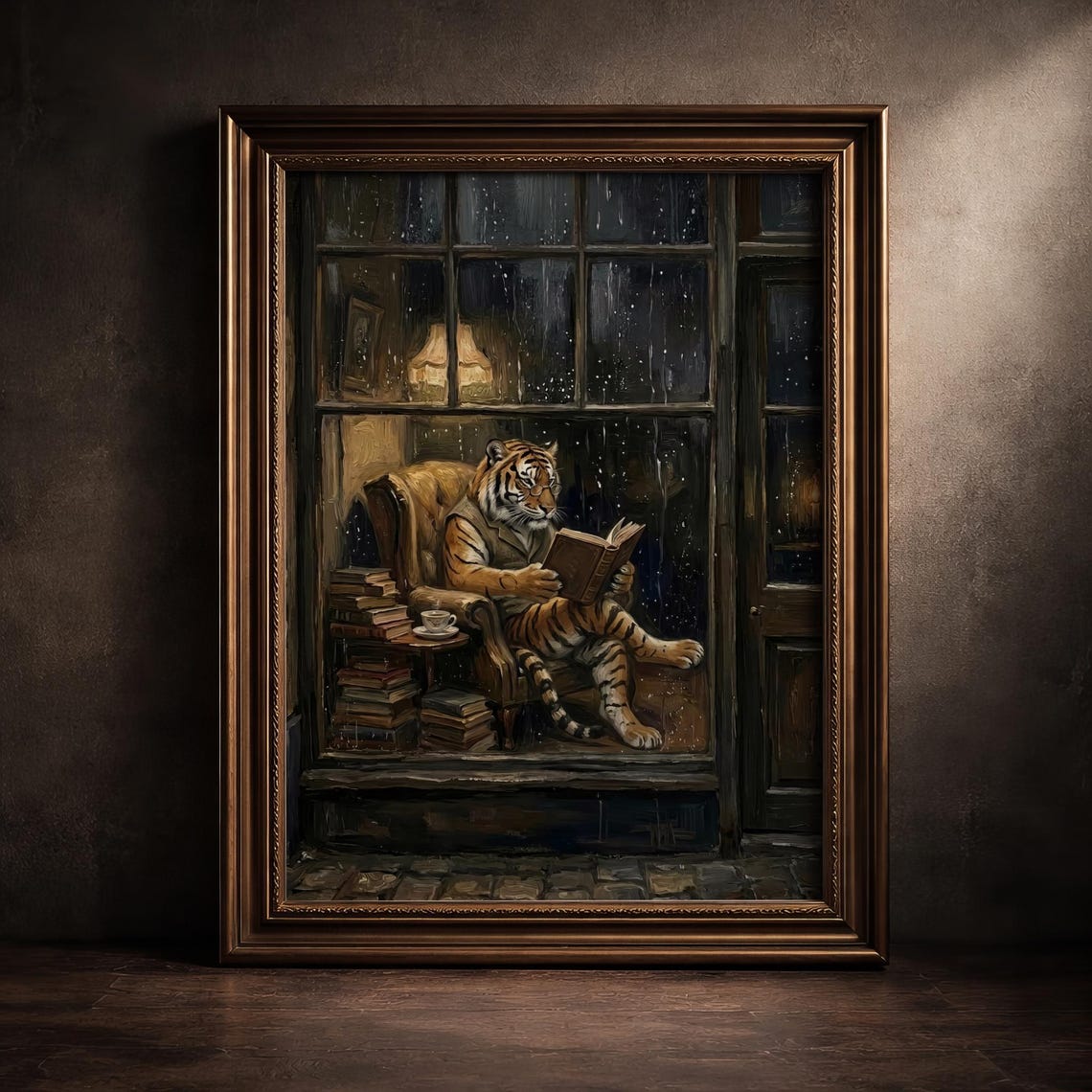 Cozy Dark Academia Tiger Reading a Book by a Rainy Window Poster