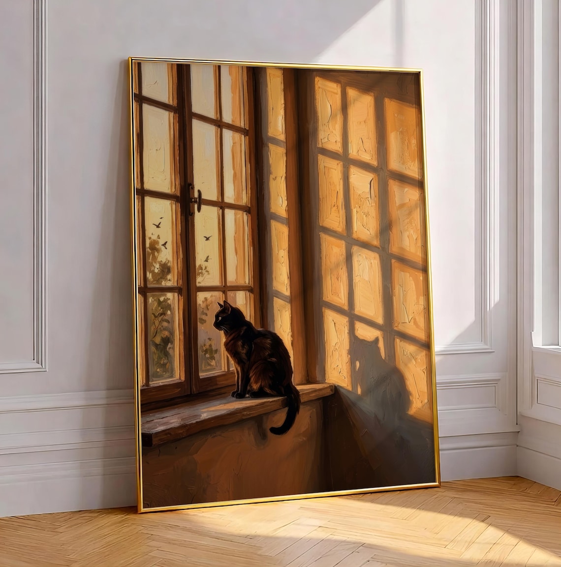 Black Cat Watching Birds at a Golden Hour Window Painting Wall Art