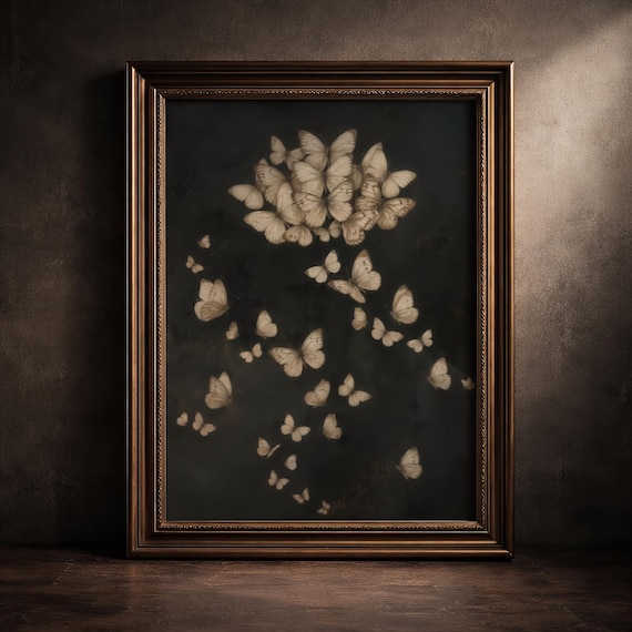 Dark Academia Butterfly Art Print Moody Vintage Poster Antique Style Goth Nature Illustration Maximalist Home Wall Decor