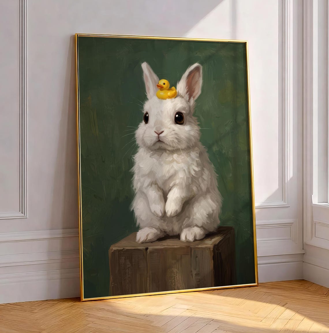 White Bunny with Yellow Rubber Duck on Head Cute Nursery Poster
