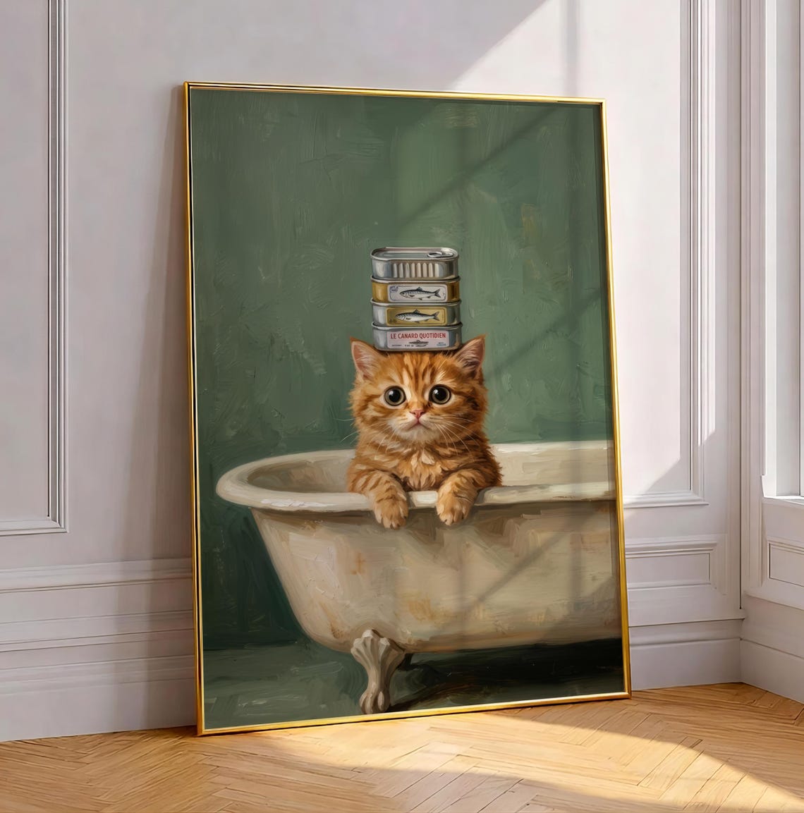 Orange Cat In Clawfoot Tub Print Whimsical Decor For Bathroom Bathtub With Sardine Tin Wall Art Quirky Kitten Bath