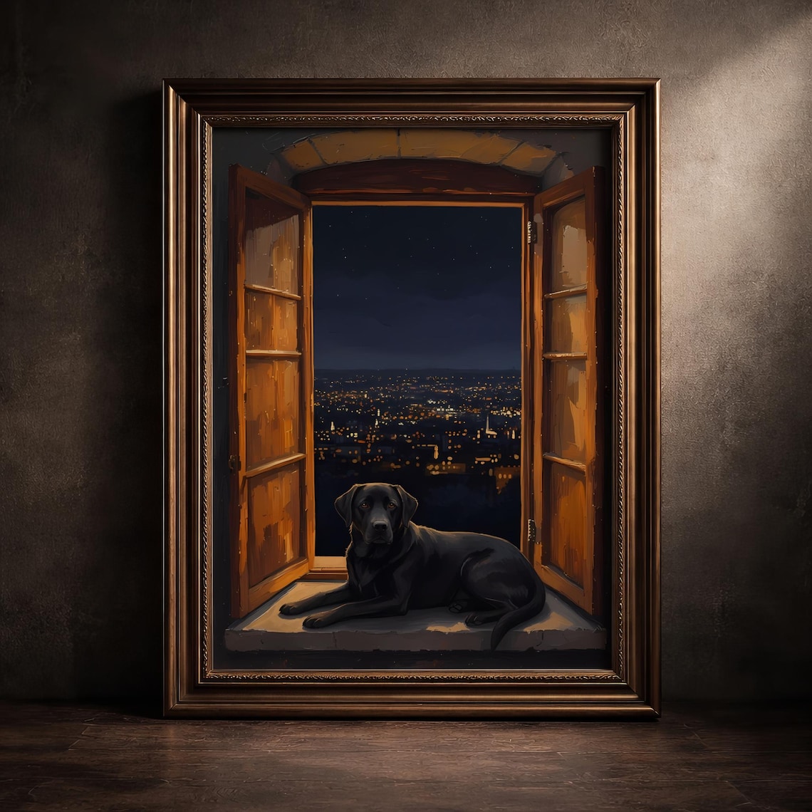 Black Labrador Open Window, Moody Night City View