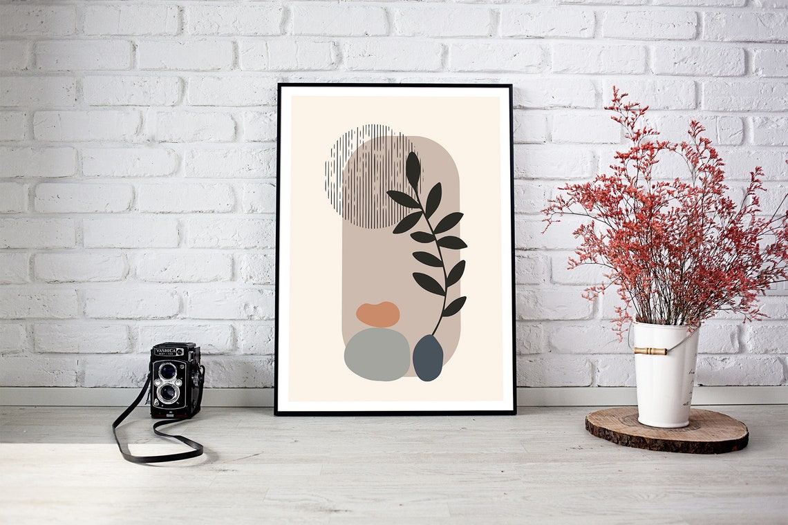 Abstract Botanical Arch Black Leaves Pebbles Beige Neutral Poster - Image 2