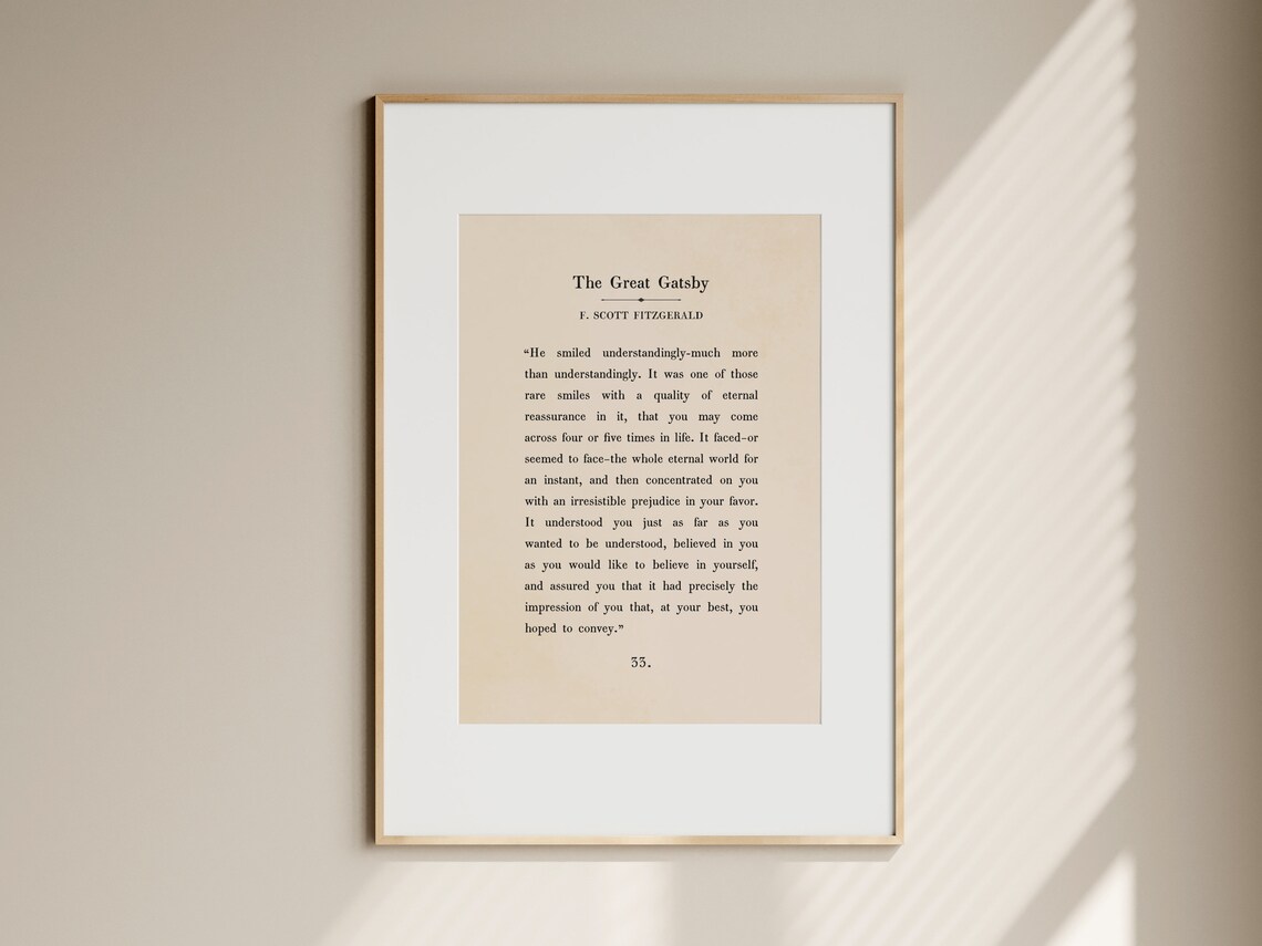 The Great Gatsby F Scott Fitzgerald Quote Vintage Book Page Poster