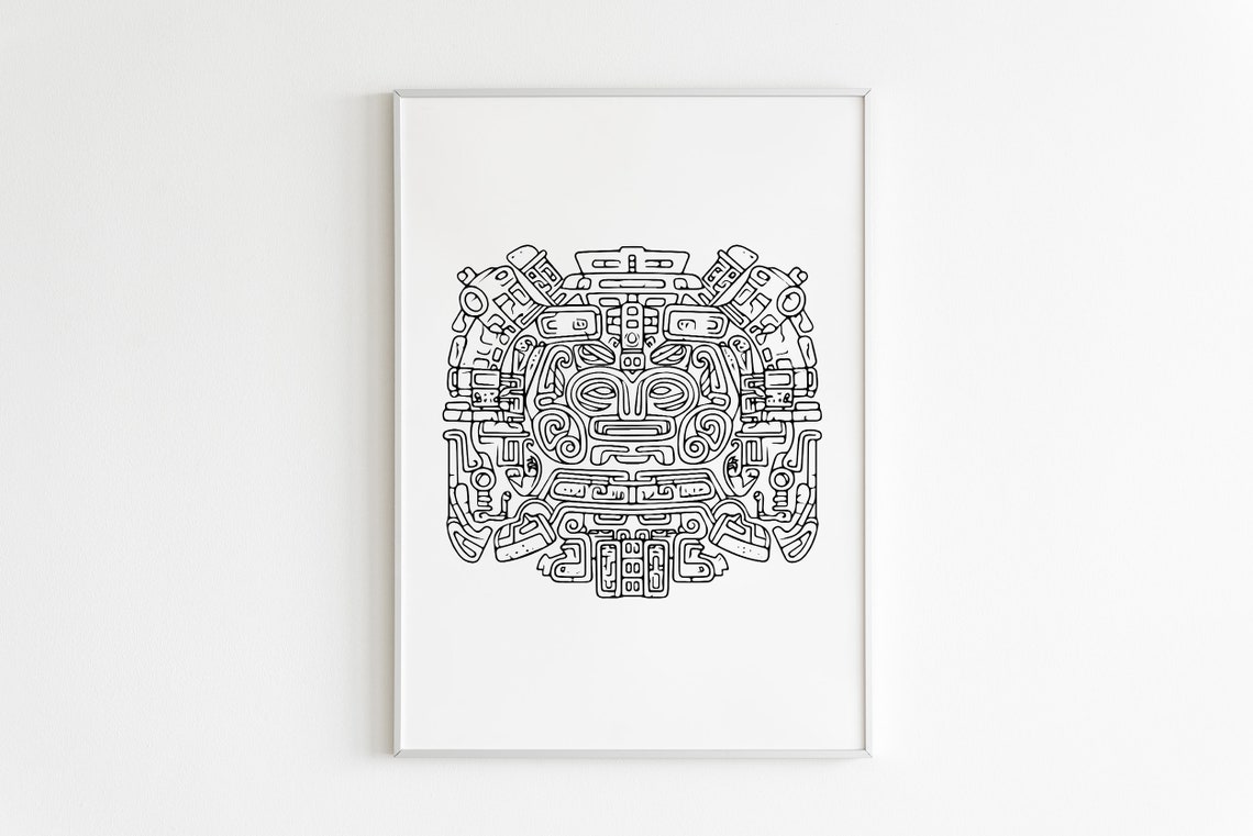 Mayan Mask One Line Drawing Tribal Face Continuous Line Art Poster