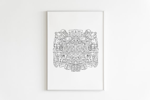 Mayan Mask One Line Drawing Tribal Face Continuous Line Art Poster