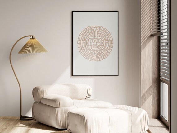 Mayan Sun Calendar Circular Glyph Terracotta Minimalist Tribal Poster