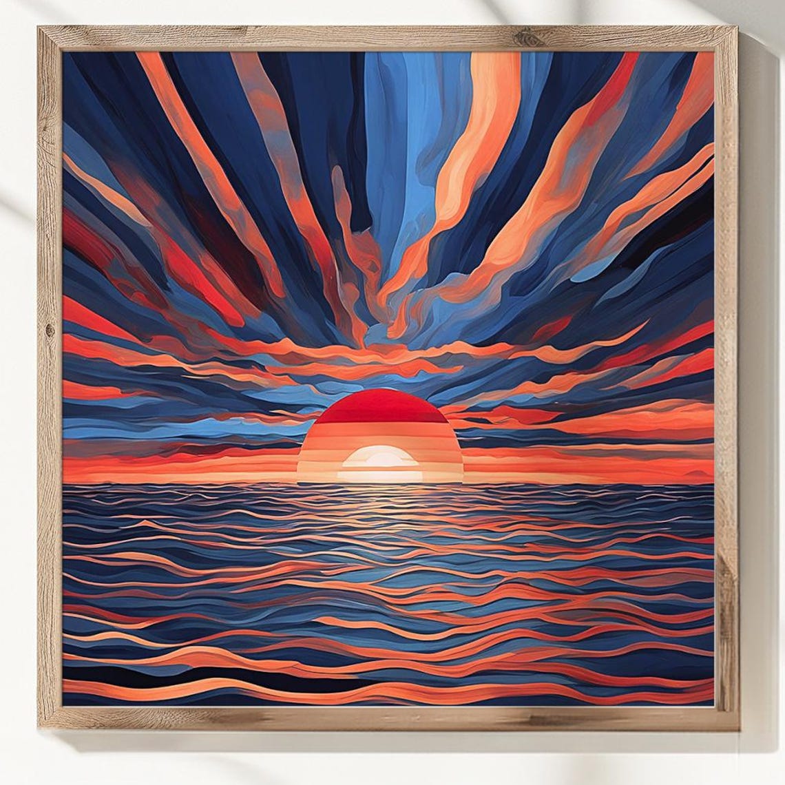 Ocean Sunset Vivid Seascape Stylized Red Blue Waves Artwork Poster