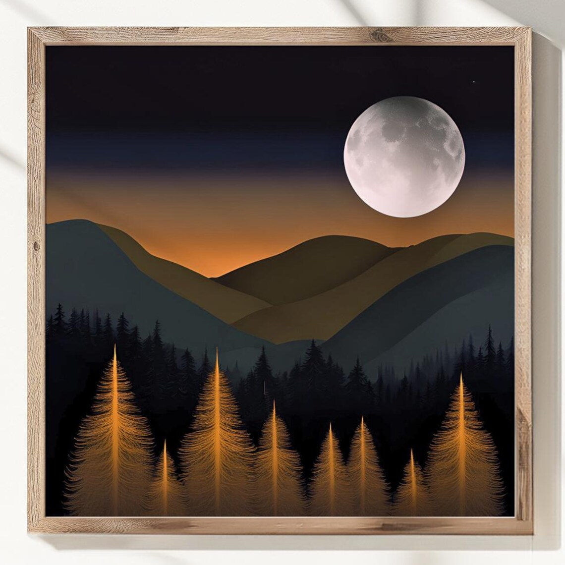 Full Moon Mountain Night Glowing Pine Forest Landscape Poster