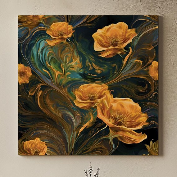 Golden Flowers Poster Print, Floral Art