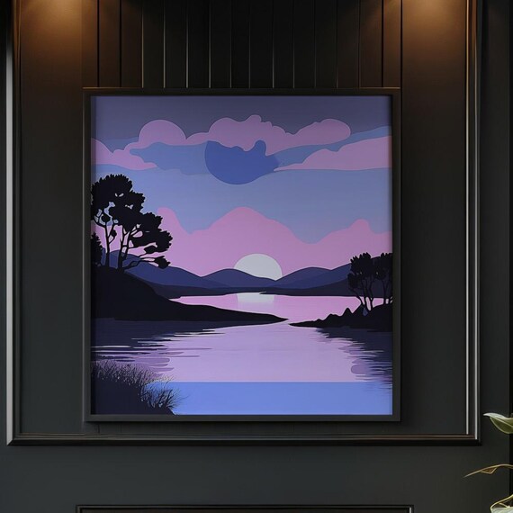 Lavender Lake Sunset Minimalist Purple Evening Sky Art Poster