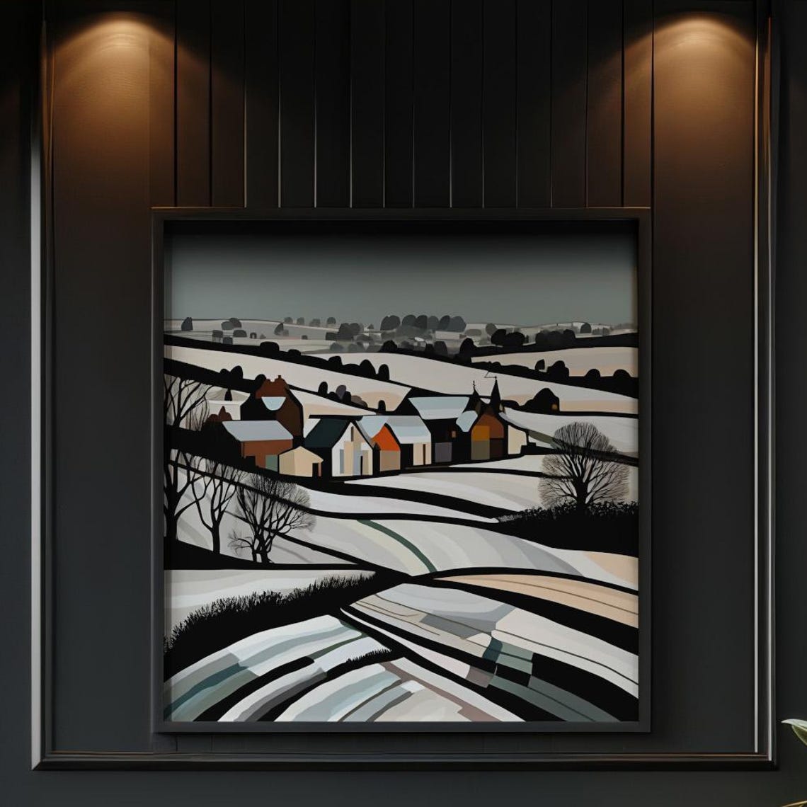 Winter Village Snowy Hills Minimalist Black White Landscape Poster