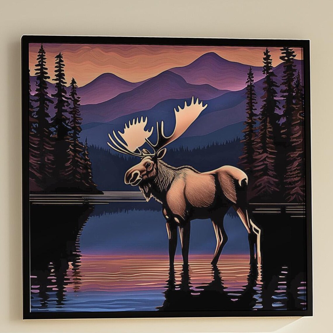 Majestic Moose Poster, Lake Reflection Sunset Mountain