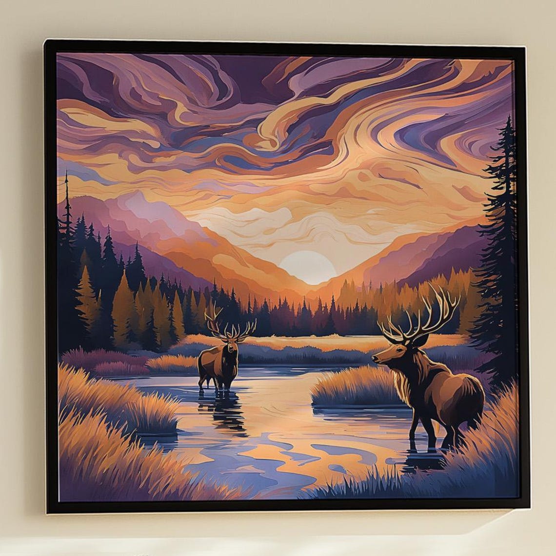 Elk Sunset Landscape Art Print Wildlife Canvas Or Poster 101