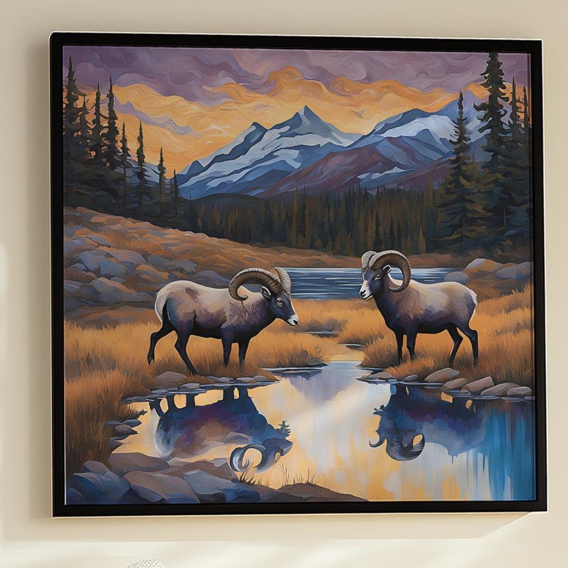 Bighorn Sheep Rams Mountain Stream Sunset Reflections Wildlife Poster