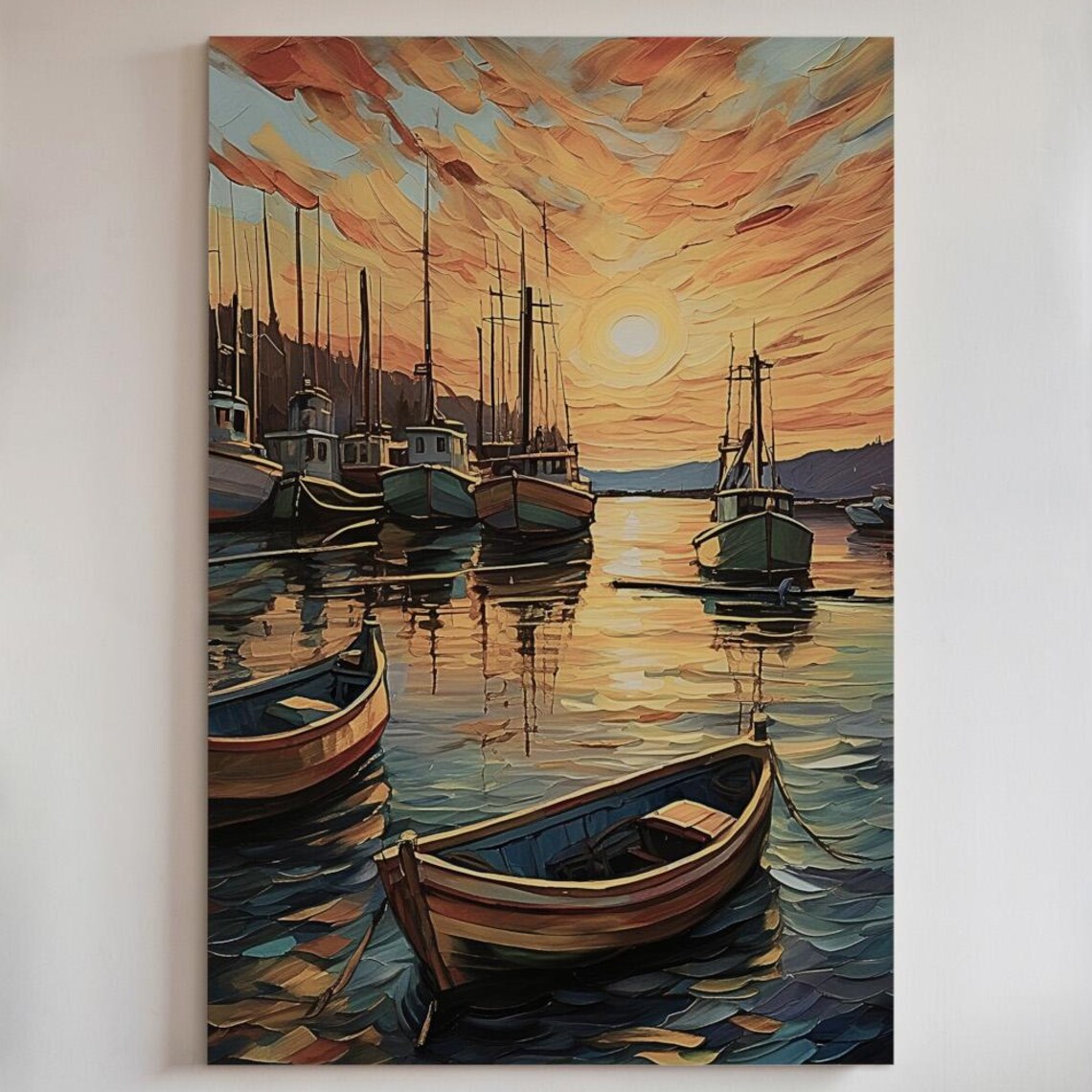 Harbor Sunset Boats Golden Water Coastal Seascape Art Poster