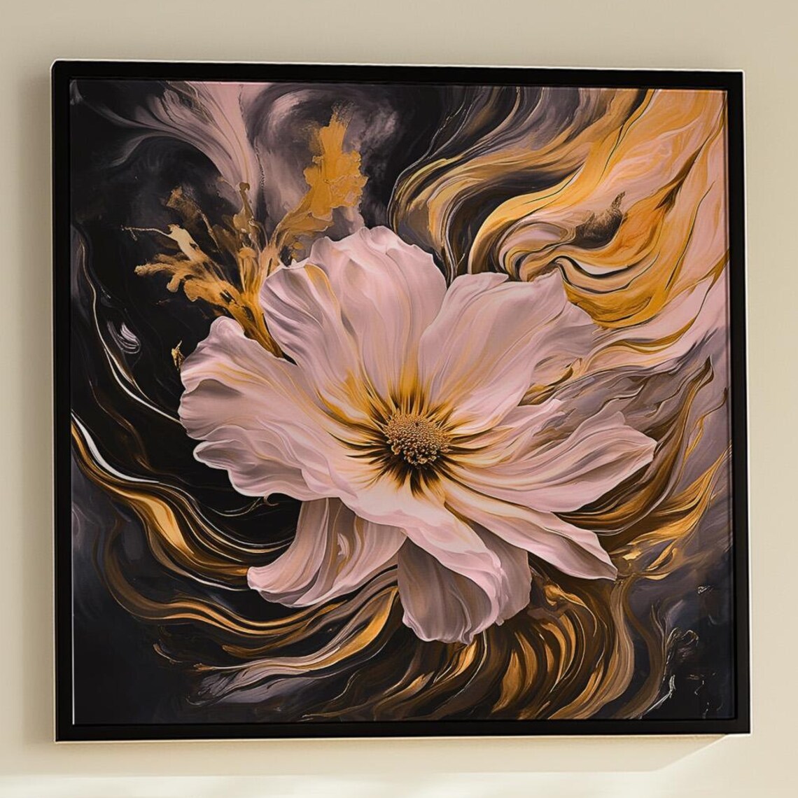 Elegant White Gold Flower Black Background Abstract Art Poster
