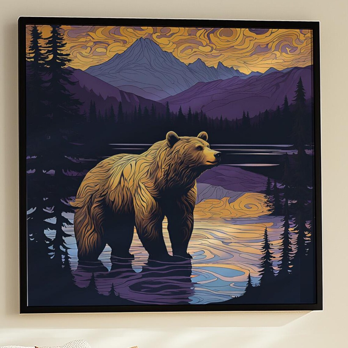 Majestic Bear Poster, Purple Skies Mountain Landscape
