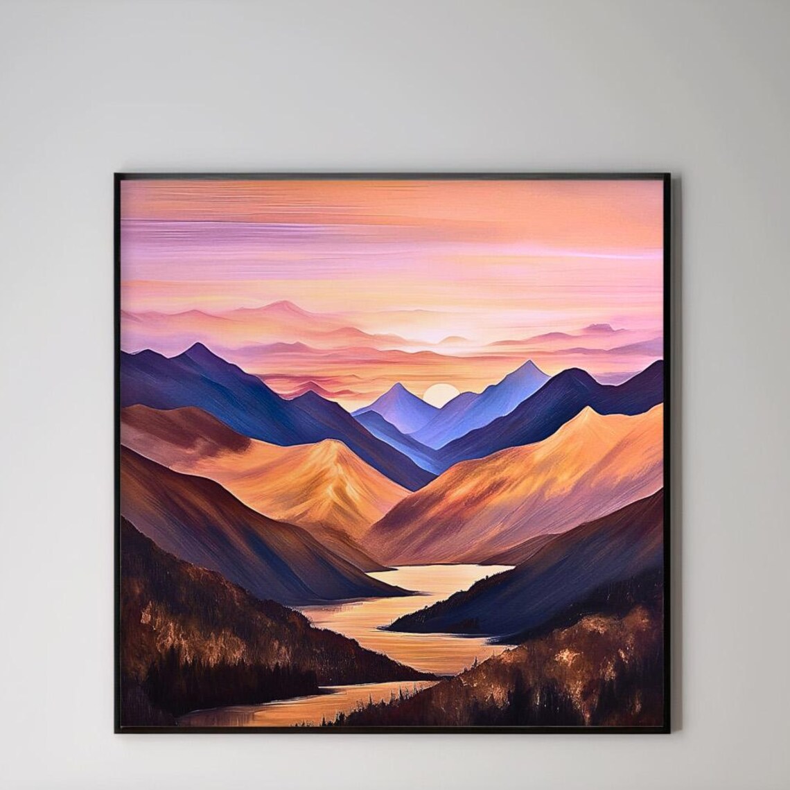 Serene Mountain Valley Sunrise Golden Lake Layered Peaks Art Poster