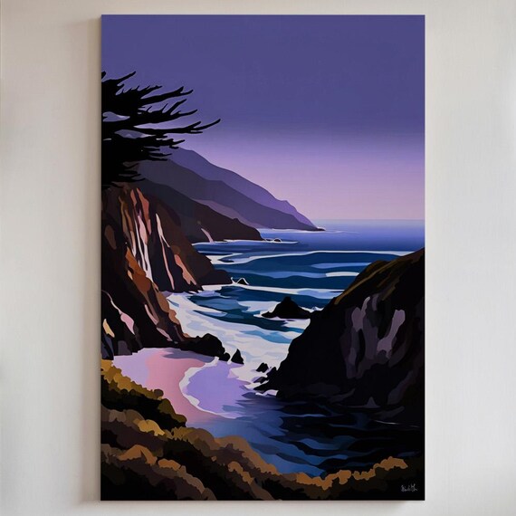 Purple Coastal Cliffs Ocean Waves Twilight Landscape Art Poster