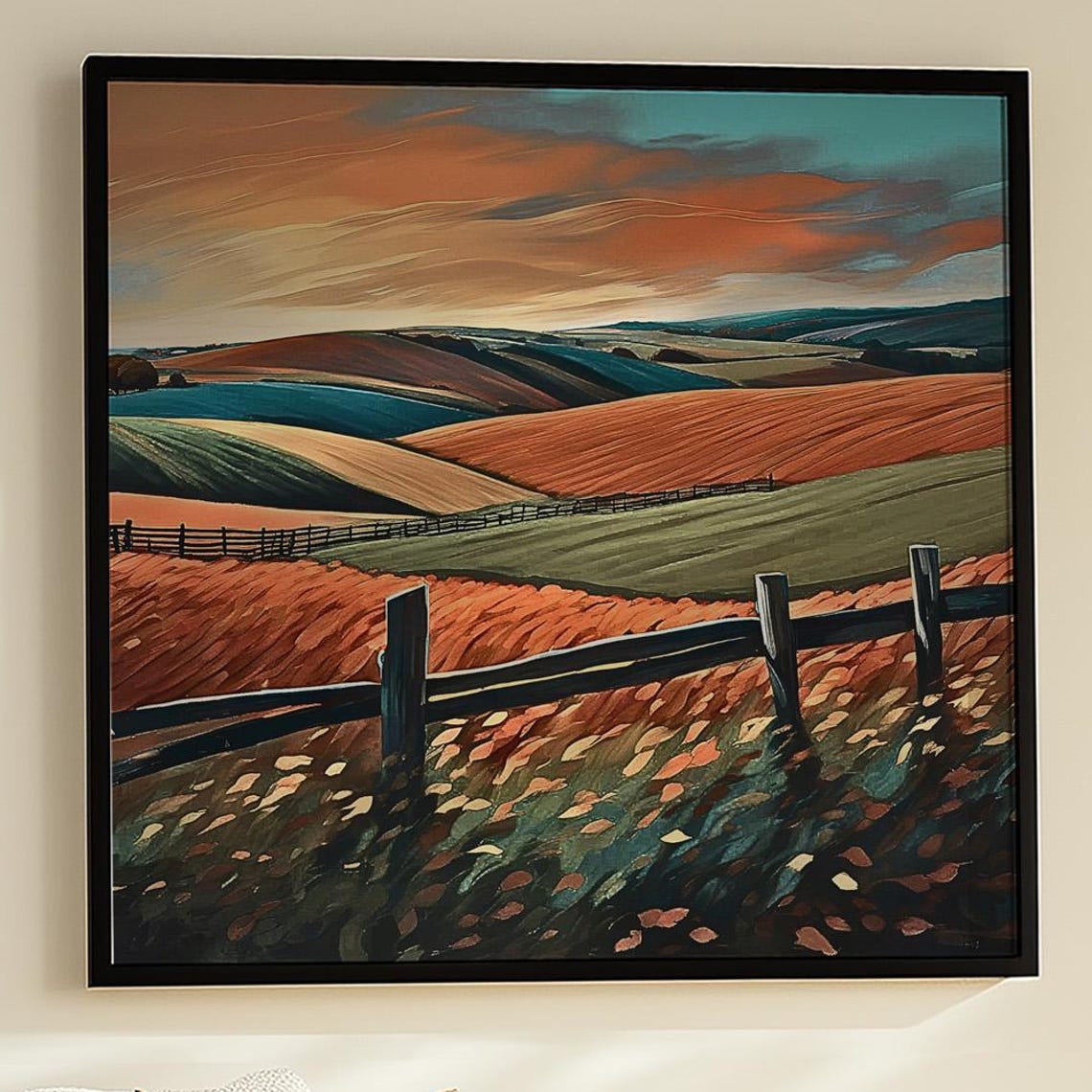 Rolling Hills Farm Fields Wooden Fence Patchwork Landscape Poster
