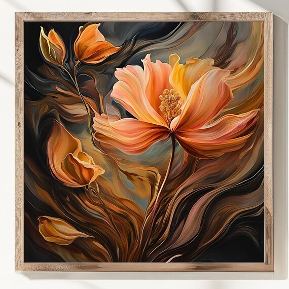 Peach Floral Abstract Botanical Oil Painting Modern Home Decor Poster